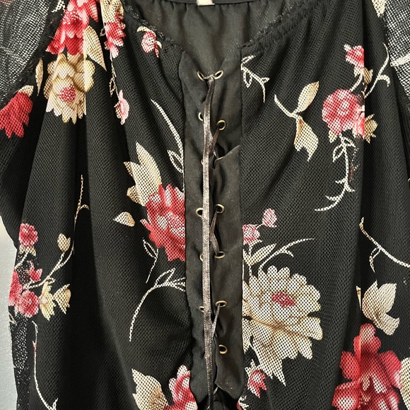 Floral Black lace up mesh Women's Top - Picture 2 of 3